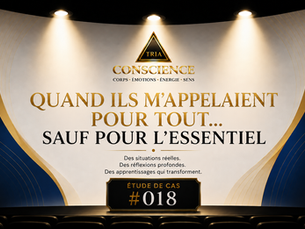 Étude de cas TRIA Conscience #018 – Quand ils m'appelaient pour tout… sauf pour l'essentiel. Visuel de style théâtre en noir, or et bleu illustrant une réflexion sur le leadership, le jugement et la responsabilisation en milieu de travail.