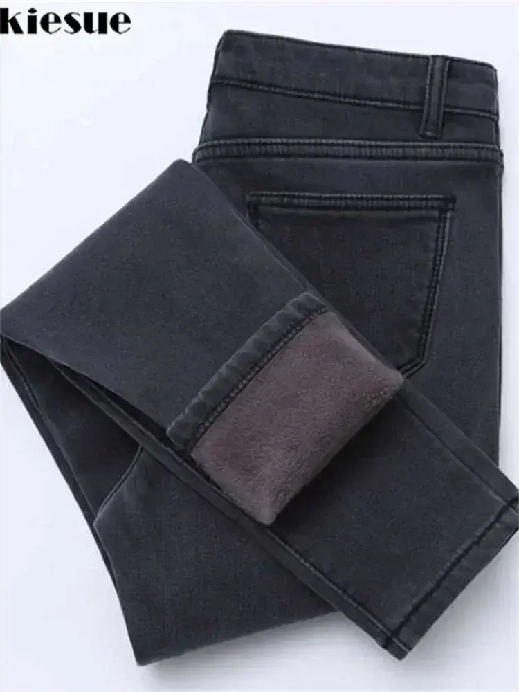 Gold Fleeces Inside Thickening Denim Pants High Waist Warm Trousers