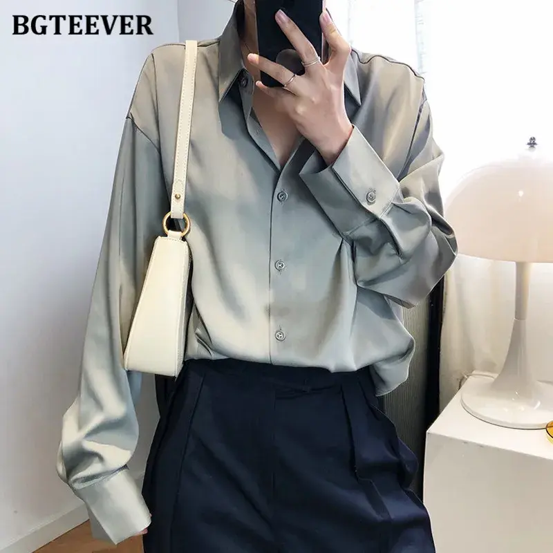 Thumbnail: BBTEEVER 2020 New Chic Women Satin Shirts Long Sleeve Solid Turn Down Collar