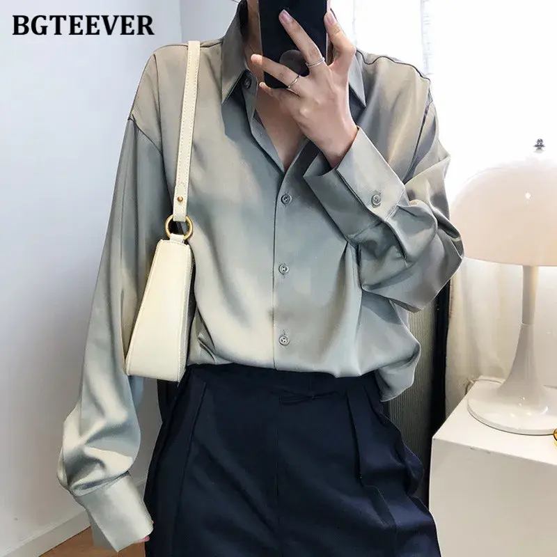 Thumbnail: BBTEEVER 2020 New Chic Women Satin Shirts Long Sleeve Solid Turn Down Collar