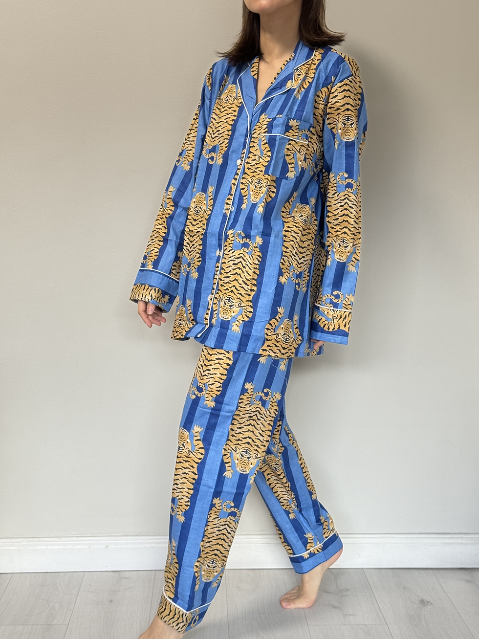 Thumbnail: Long Pajama Set in Denim and Azure Stripe Tiger Print
