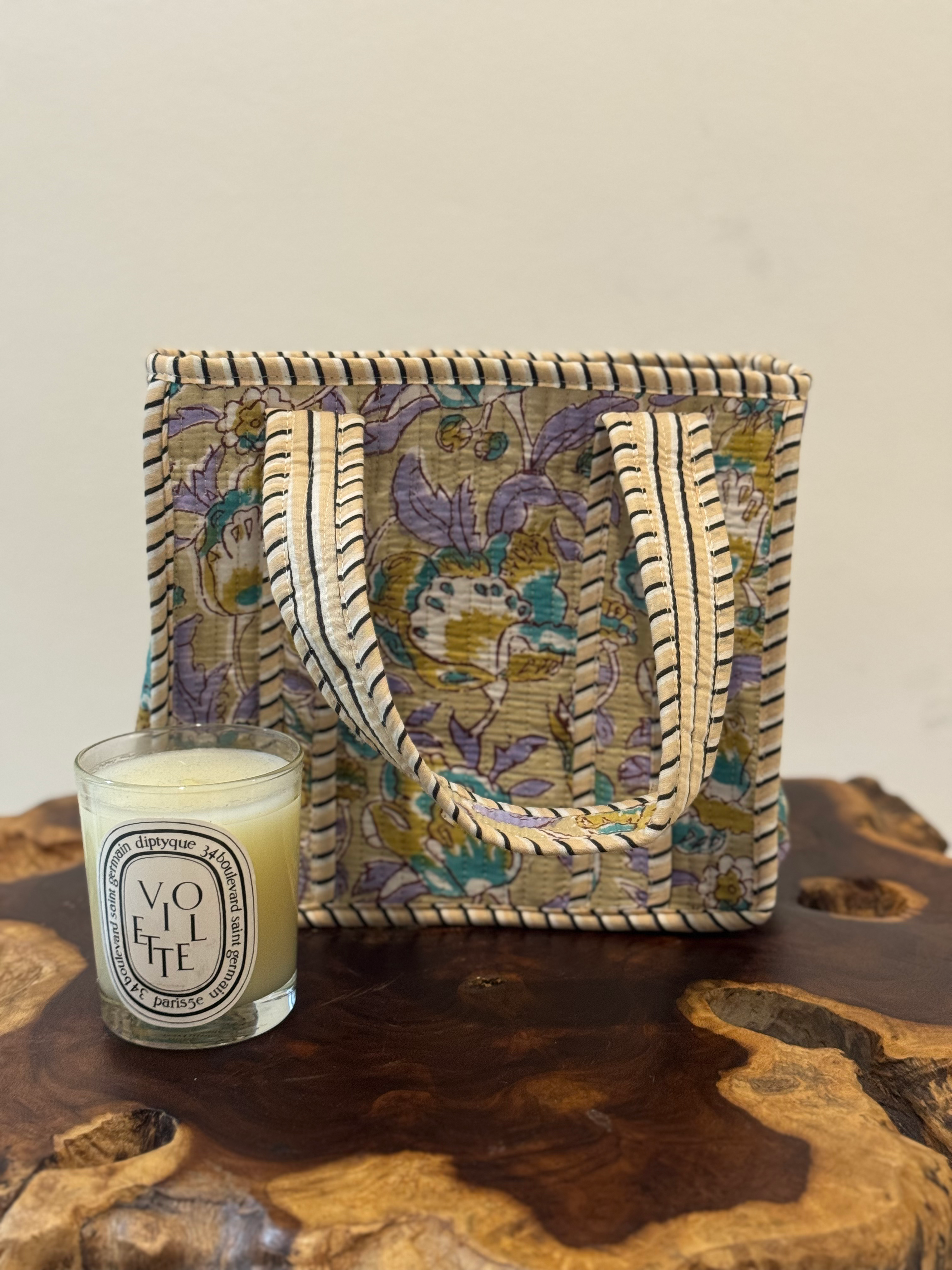 Quilted Mini Tote in Earth and Lavander Garden Flowers 