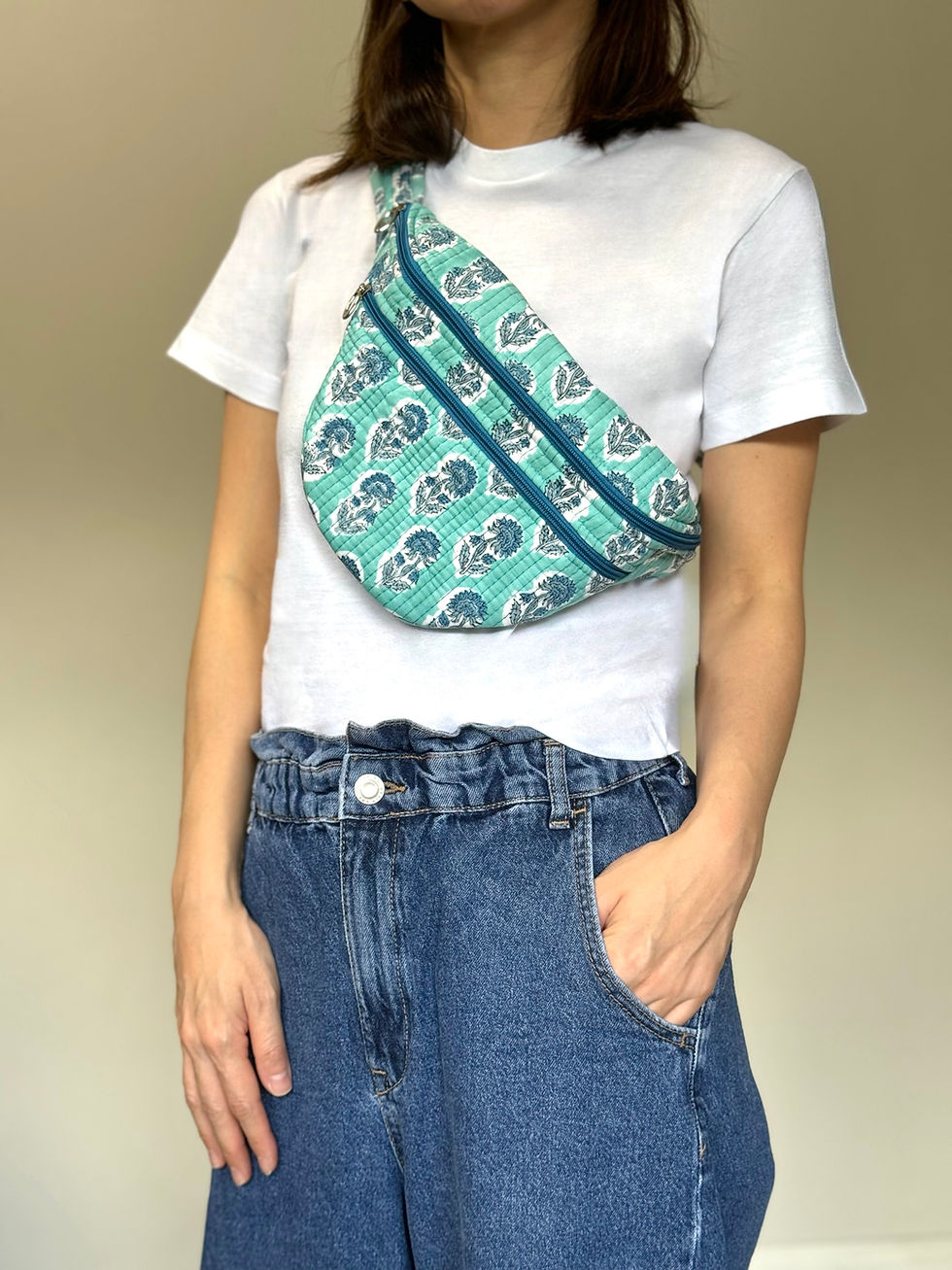 Thumbnail: Quilted Belt Bag in Seafoam Blossoms Print