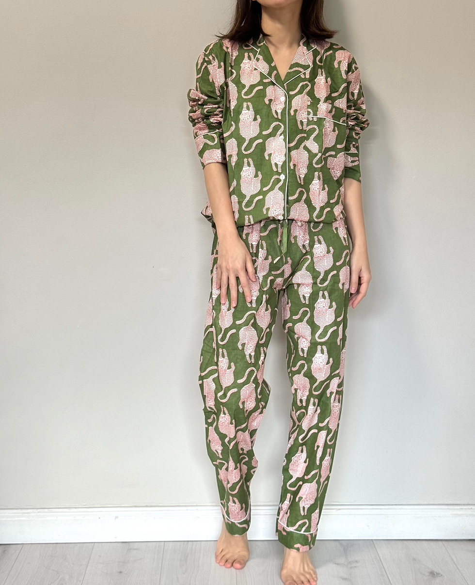 Thumbnail: Long Pajama Set in Olive Tiger Print