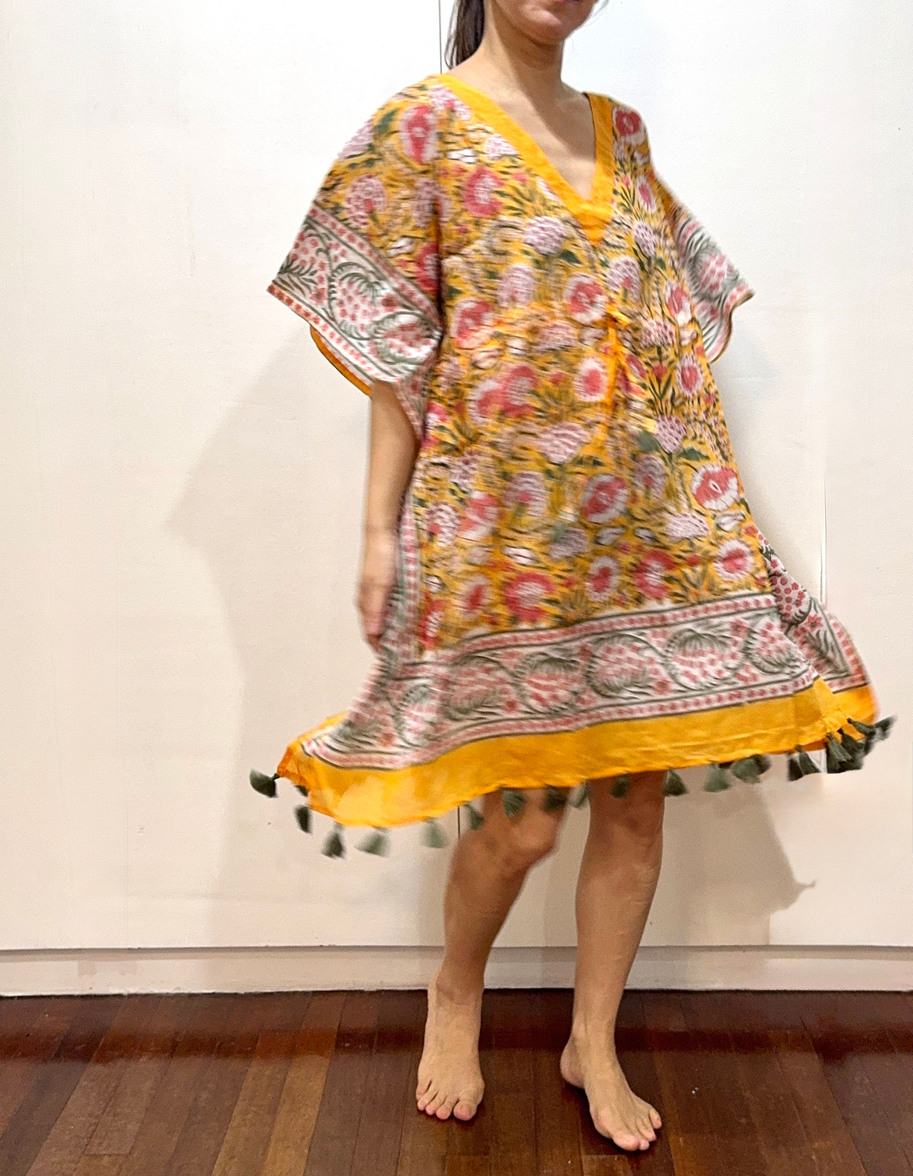 Short Kaftan in Canary and Pink Flora 626