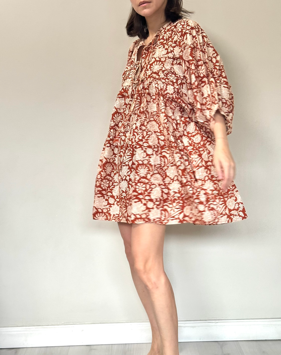 Thumbnail: Mini Dress in Brick Red and Cream Wild Flora 13