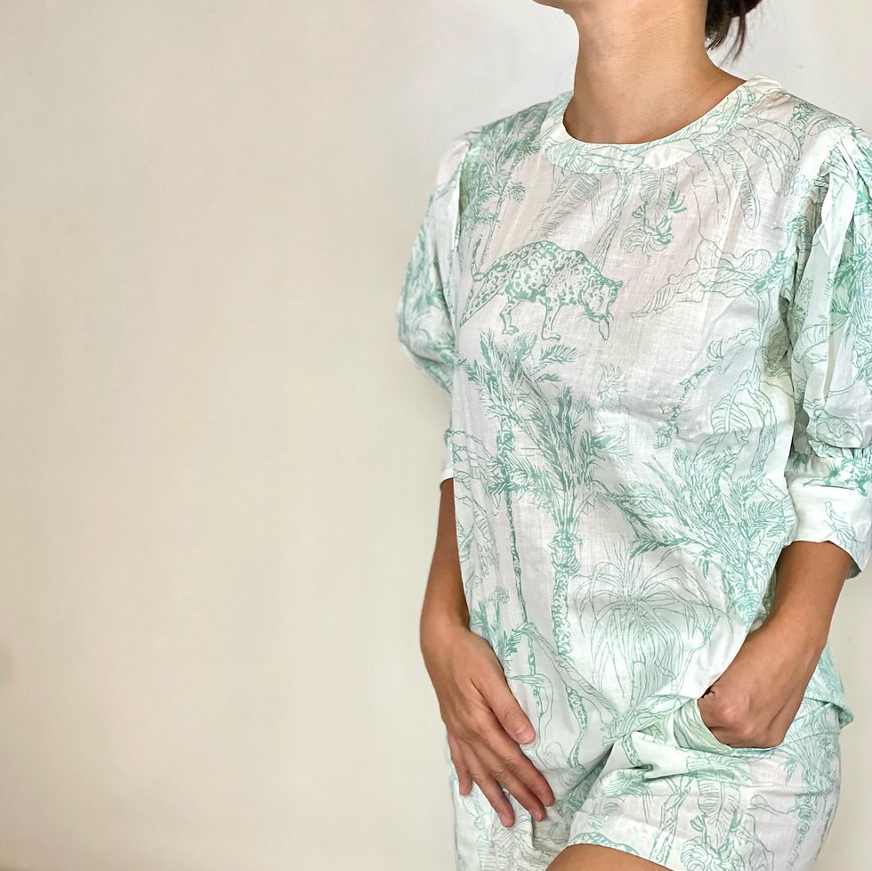 Thumbnail: Puff Sleeves and Shorts Set in Mint Toile Leopard and Heron Print
