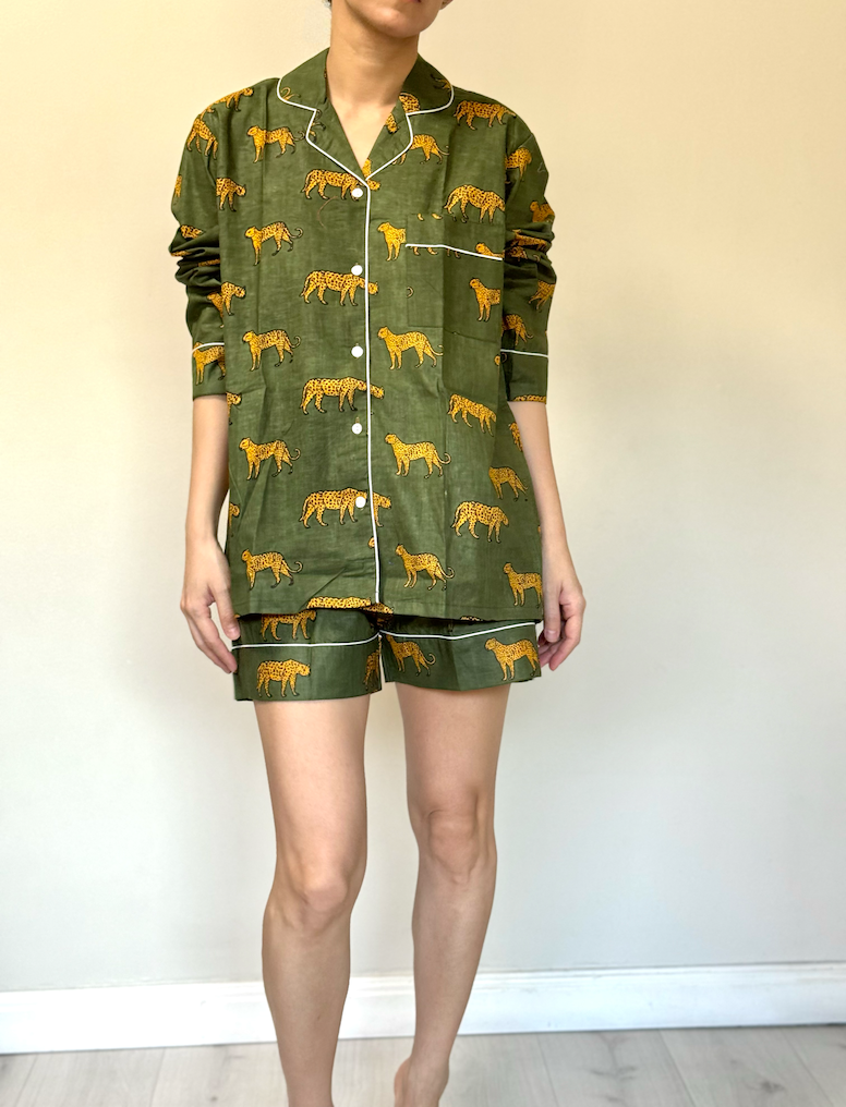 Thumbnail: Long Sleeve Pajama Short Set in Olive Cheetah Print