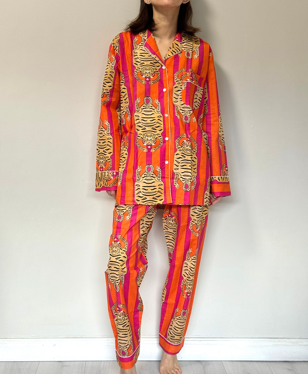 Thumbnail: Long Pajama Set in Orange and Pink Stripe Tiger Print