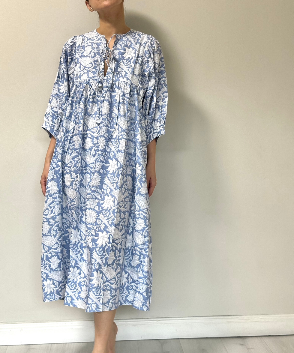 Thumbnail: Midi Dress in Dusty Blue Bird and Wild Flora