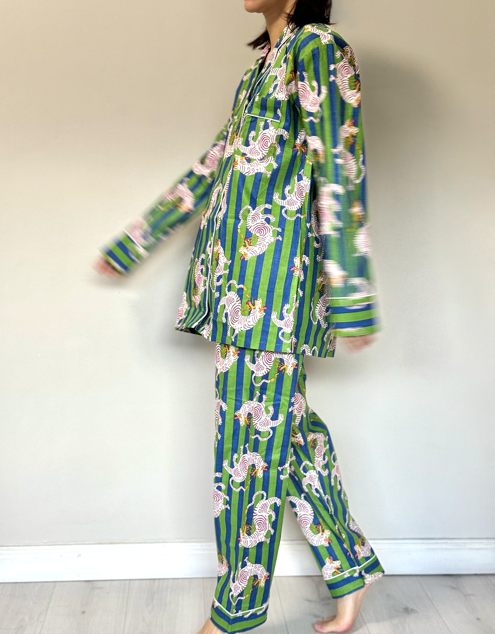 Thumbnail: Long Pajama Set in Lime and Blue Stripe Tiger Print