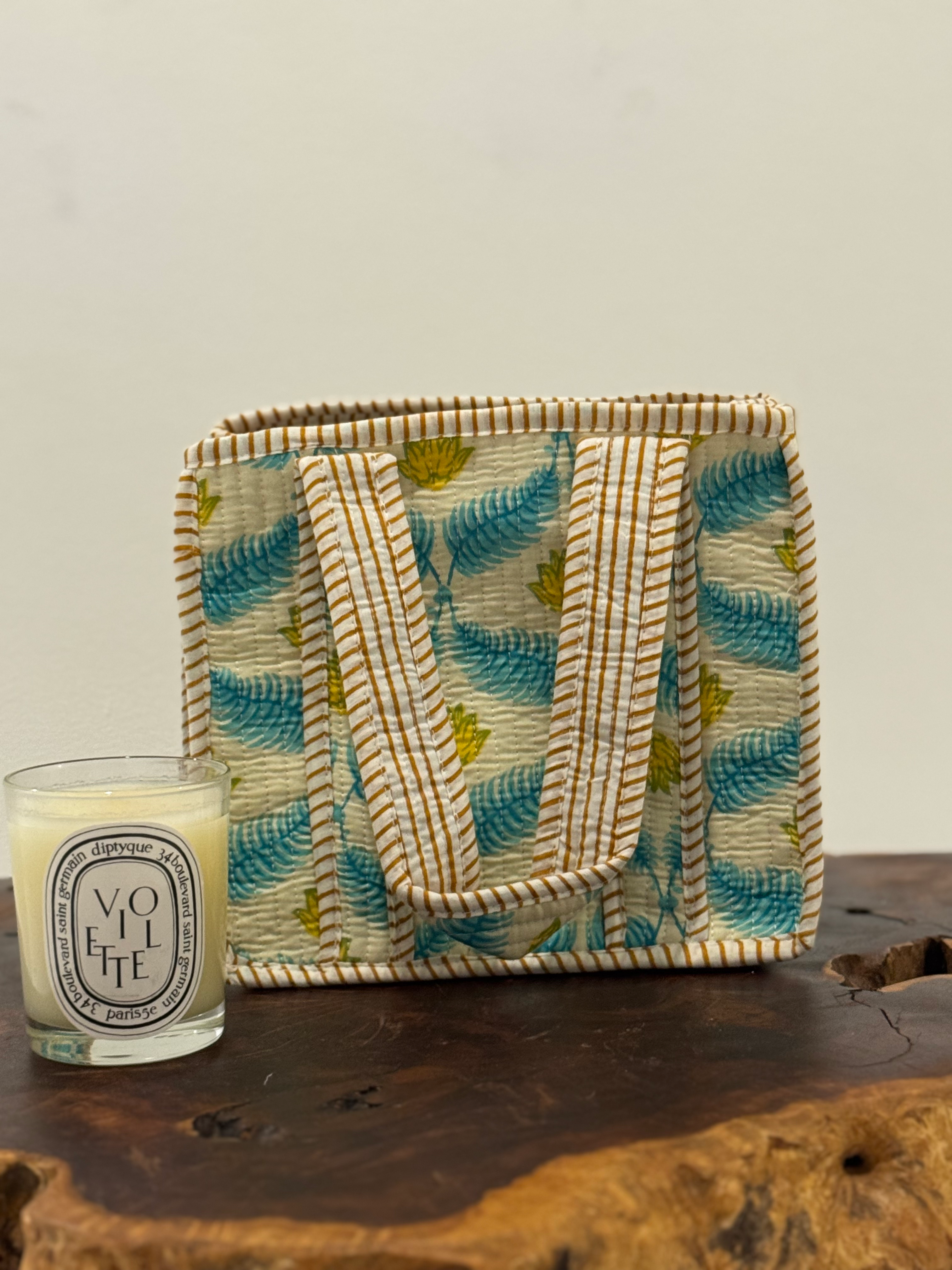 Quilted Mini Tote in Cream and Aqua Leaves