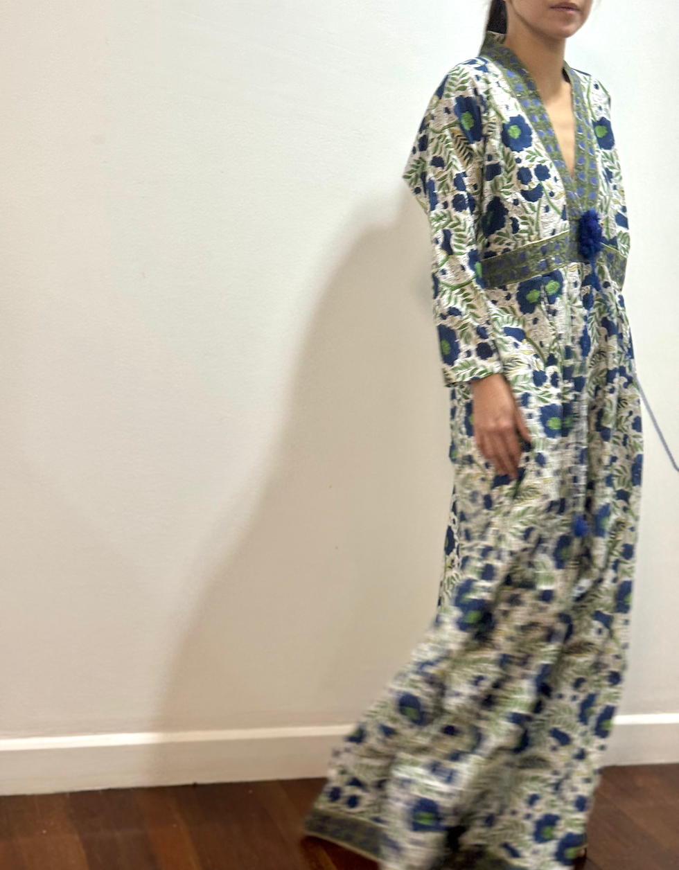 Thumbnail: Long Sleeves Maxi Dress in Midnight Blue and Green Rosa