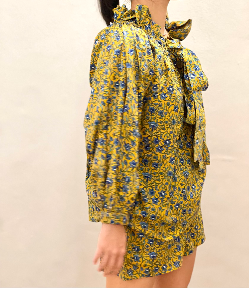 Thumbnail: Ruffle Top and Shorts Set in Dark Mustard with Blue Bellflowers