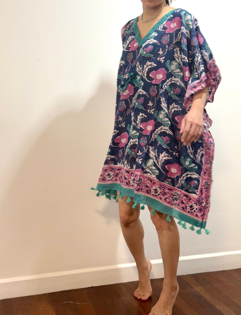 Thumbnail: Short Kaftan in Indigo and Pink Flora 615