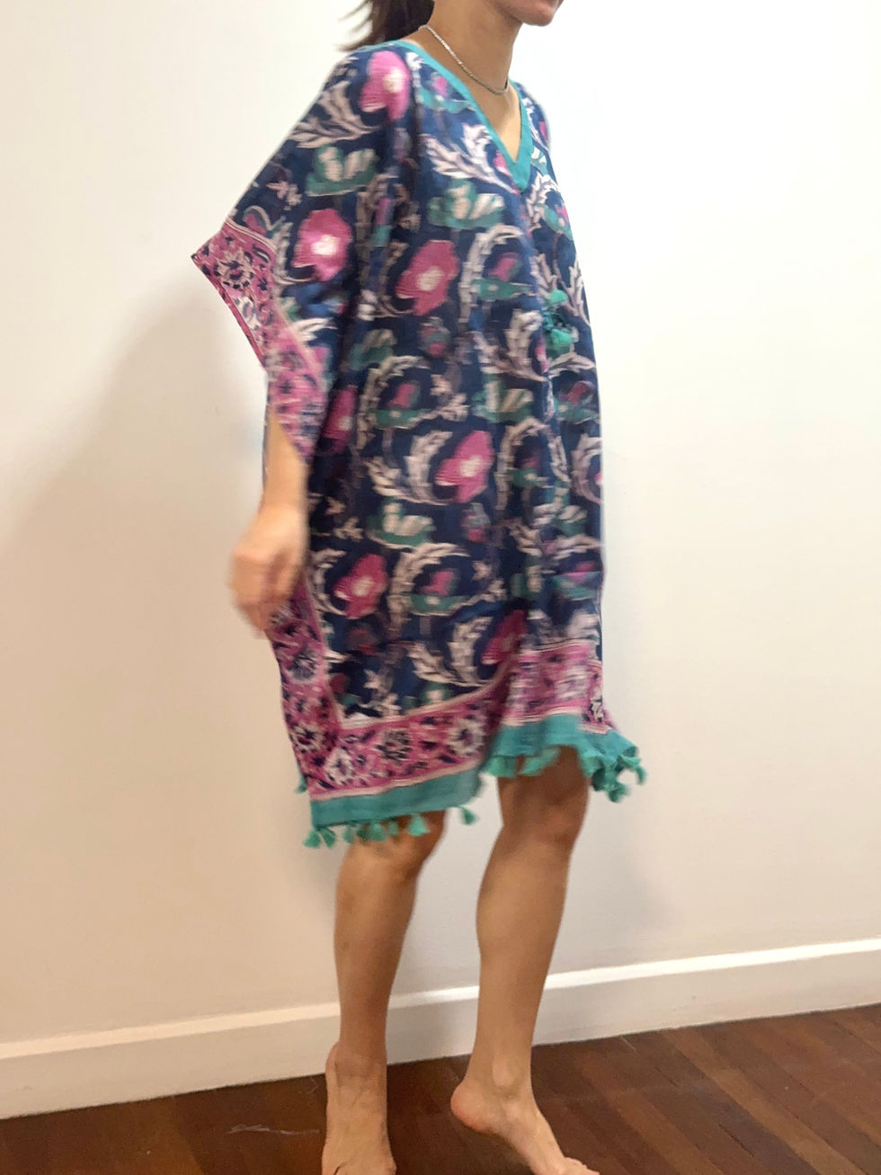 Thumbnail: Short Kaftan in Indigo and Pink Flora 615