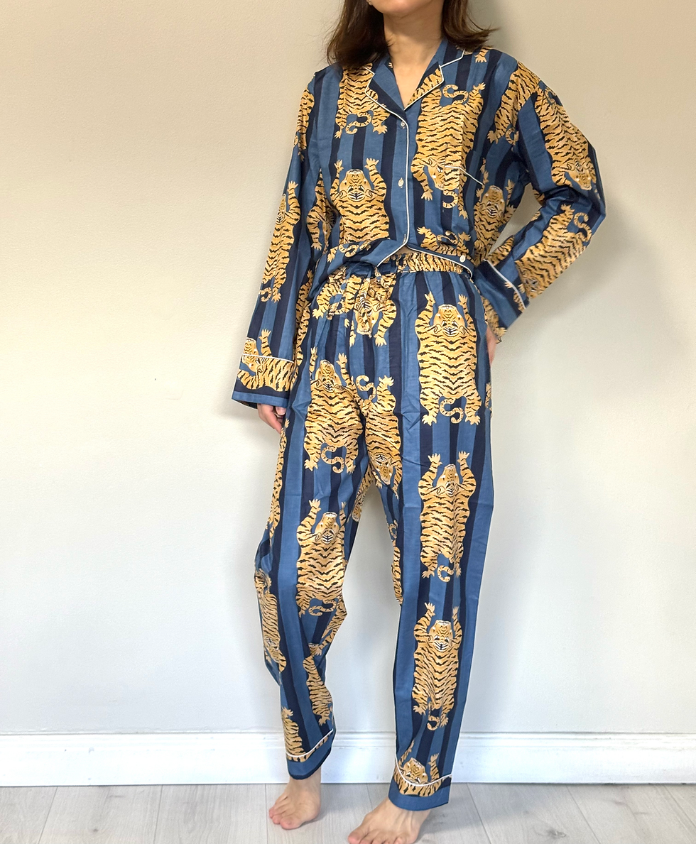Thumbnail: Long Pajama Set in Midnight and and Denim Stripe Tiger Print