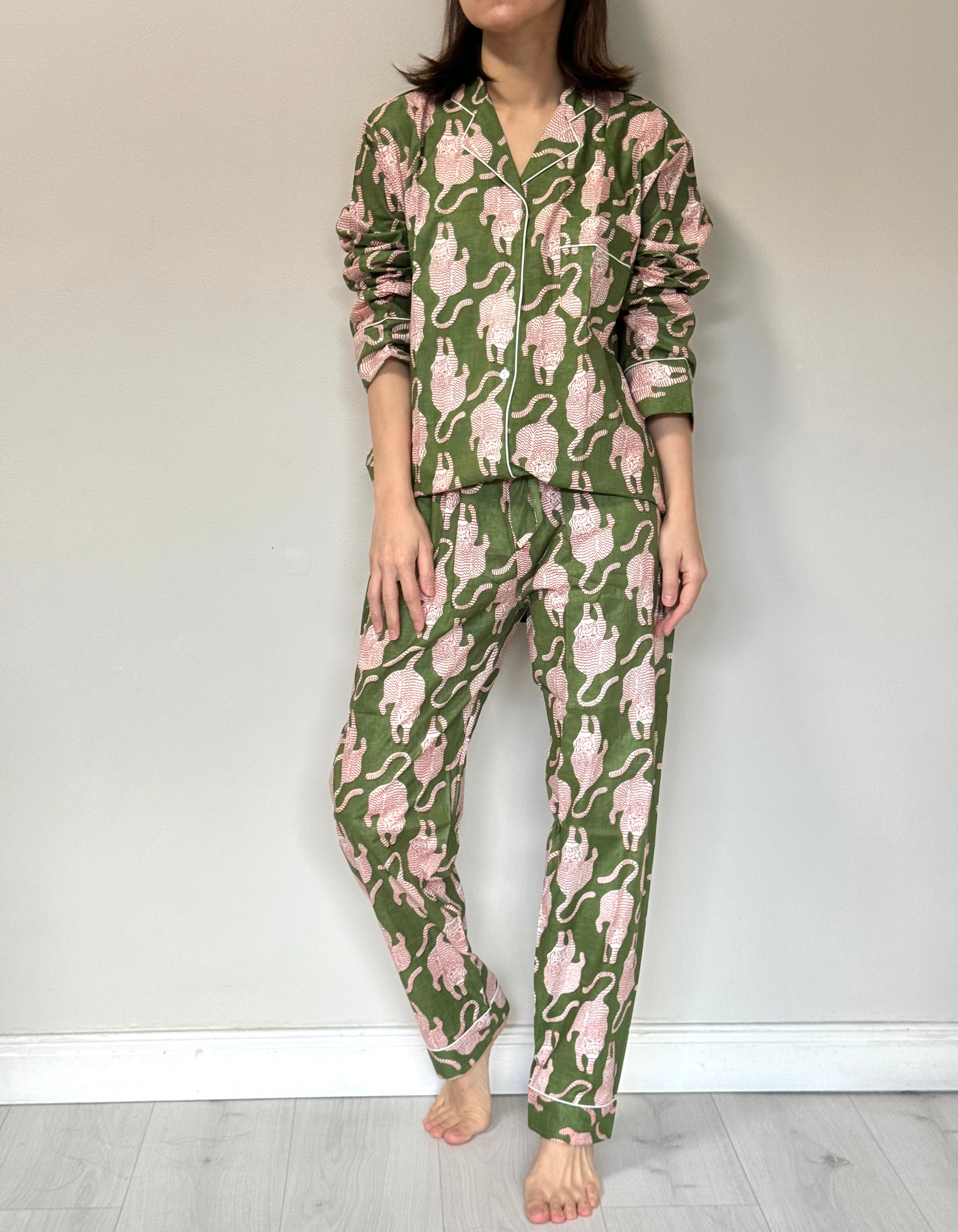 Long Pajama Set in Olive Tiger Print
