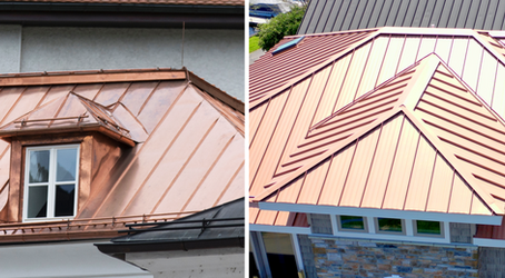 Split image of two copper roofs with modern designs; left features a dormer window, right shows a complex pattern. Bright and polished surfaces.