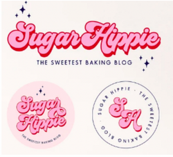 Pink and red retro logo that reads: Sugar Hippie, with two circular logo designs below.