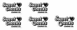 5 different versions of the Sweet Cheeks Cookie Co. Logo with different curly accents