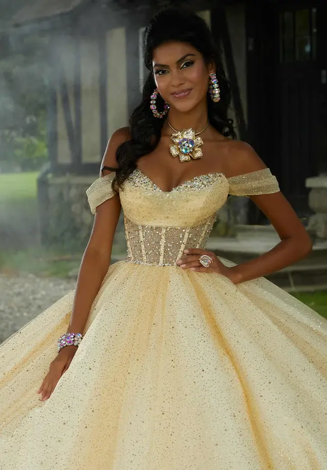 Thumbnail: Sheer Corset Quinceañera Dress with Jeweled Beading