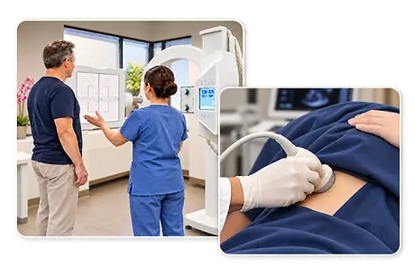 Illustrative X-ray care and a modestly draped abdominal ultrasound examination