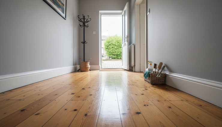 Wide-angle view of a freshly cleaned hallway in a northern terraced home