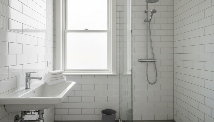 Eye-level view of a clean bathroom with bright tiles and neatly arranged cleaning tools