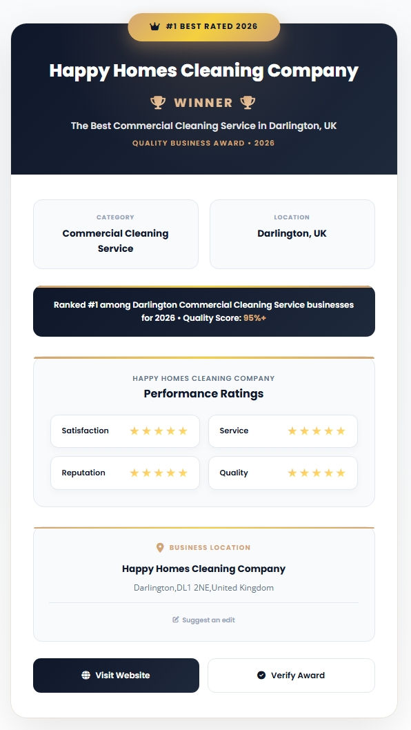 Happy Homes Cleaning Company Wins Best Commercial Cleaning Service Award in Darlington 2026