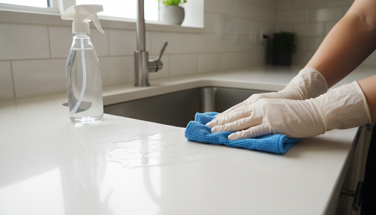 Close-up view of gloved hands wiping a kitchen worktop near a stainless steel sink