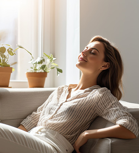 Woman enjoying a peaceful moment at home in a bright living space.