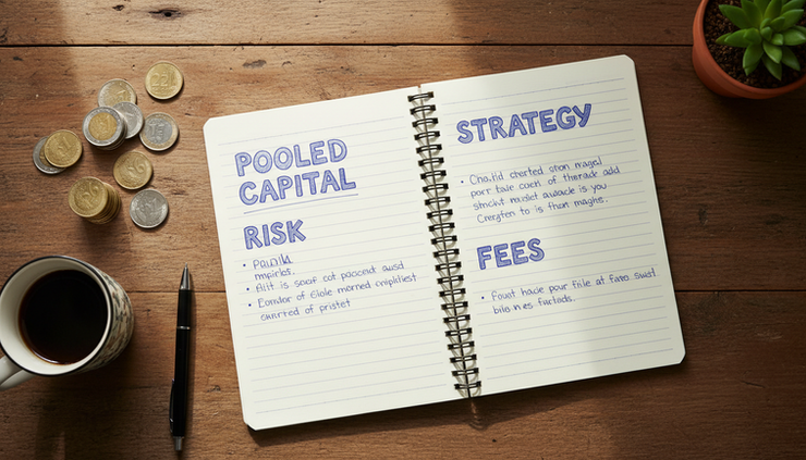 Overhead view of a notebook with handwritten finance terms and coins beside it.