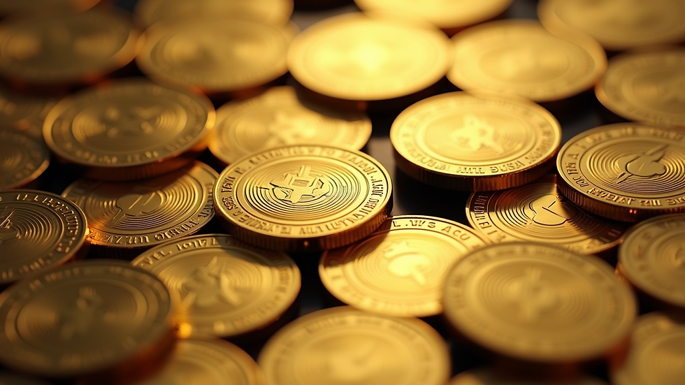 High angle view of gold coins arranged in a circle