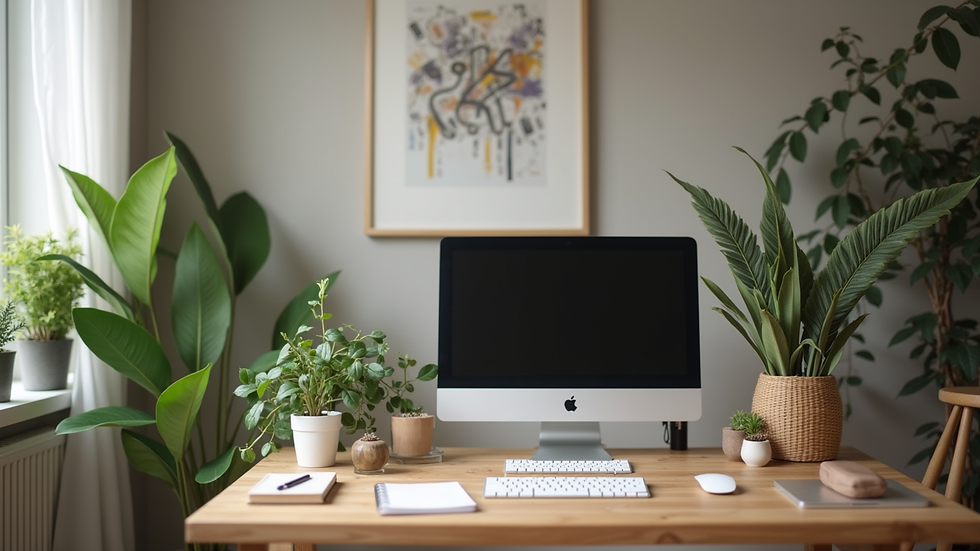 Eye-level view of a cozy home office setup with a computer and plants