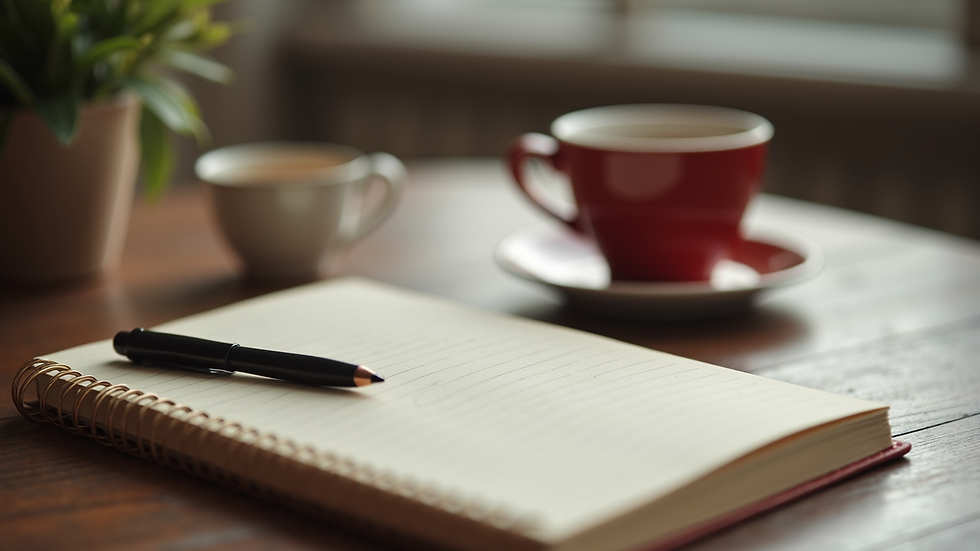 Close-up view of a notebook and a cup of tea on a cozy table