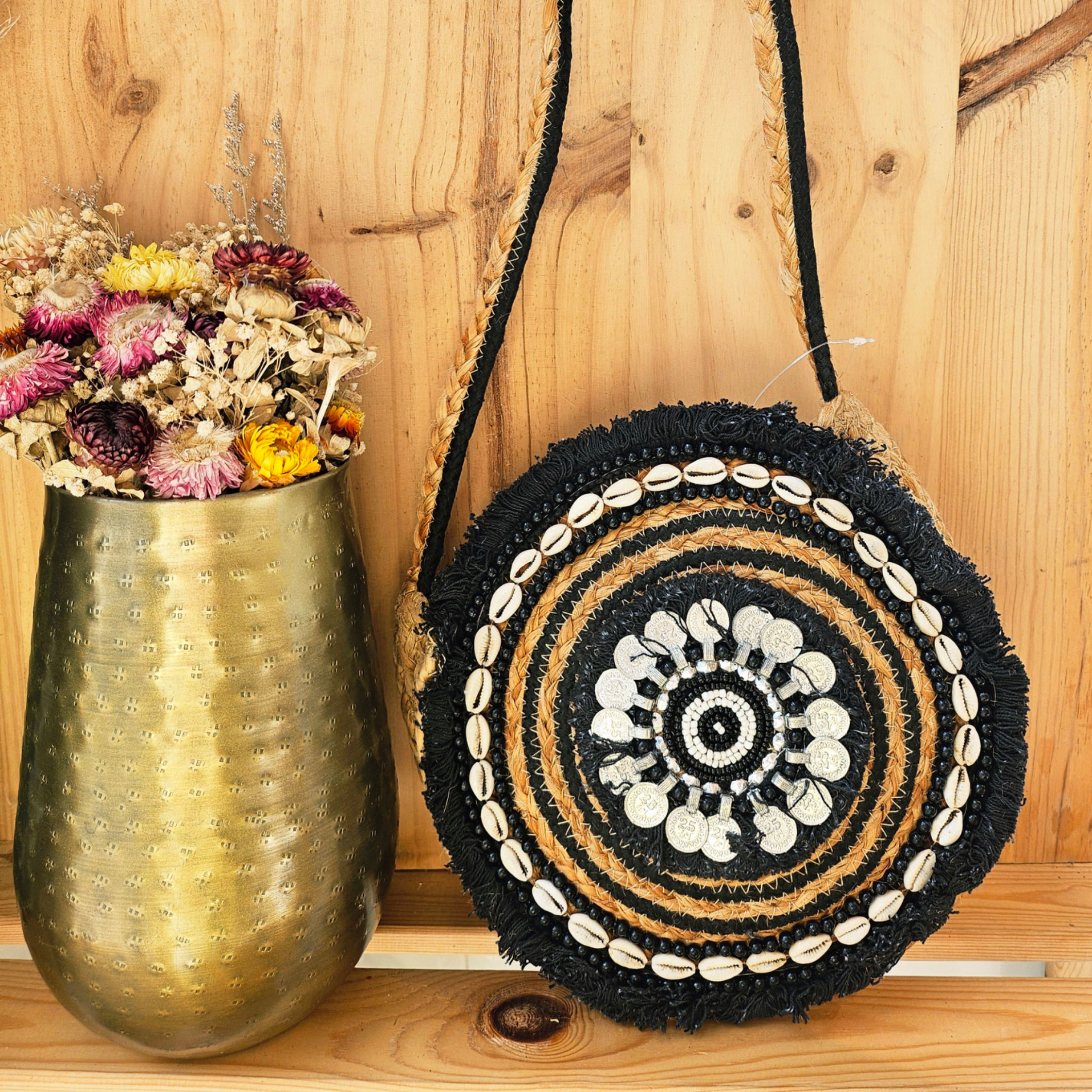 Sac bohème bandoulière rond noir et naturel – Sac bohème chic femme