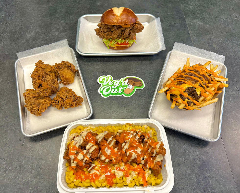 Our famous Buffalo Mac, OG Shroom Sandwich, Loaded Fries & Bitez