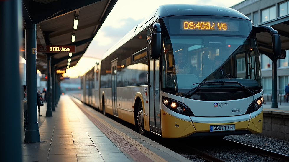 Eye-level view of a modern coach parked at a station in Motherwell