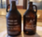 Two brown beer growlers with text of Return and Reuse, Outer Banks Brewing Station.