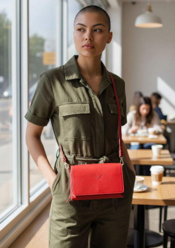Woman in olive jumpsuit wearing a red crossbody bag
