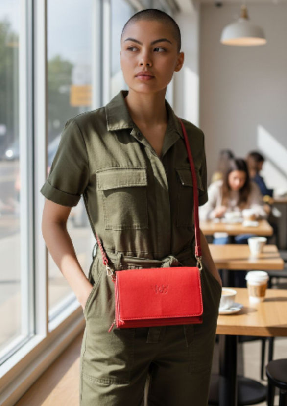 Woman in olive jumpsuit wearing a red crossbody bag