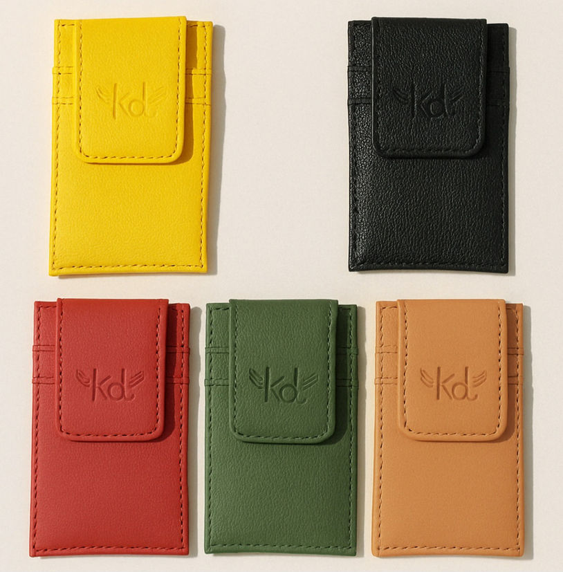 Small leather pouches in yellow, black, red, green, and tan