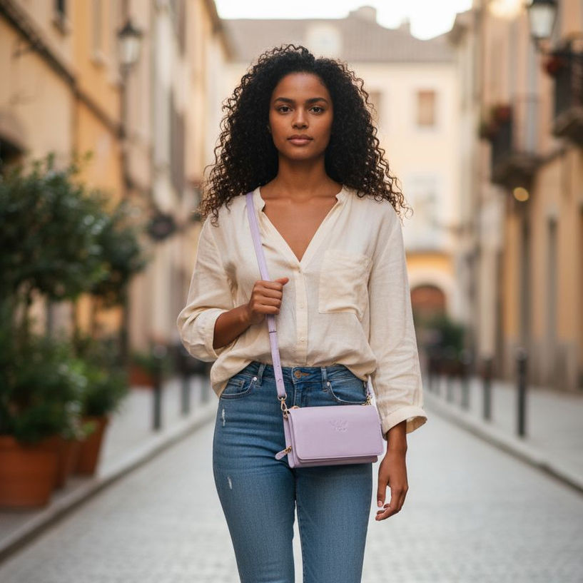 Woman with lilac crossbody bag on a cobblestone street