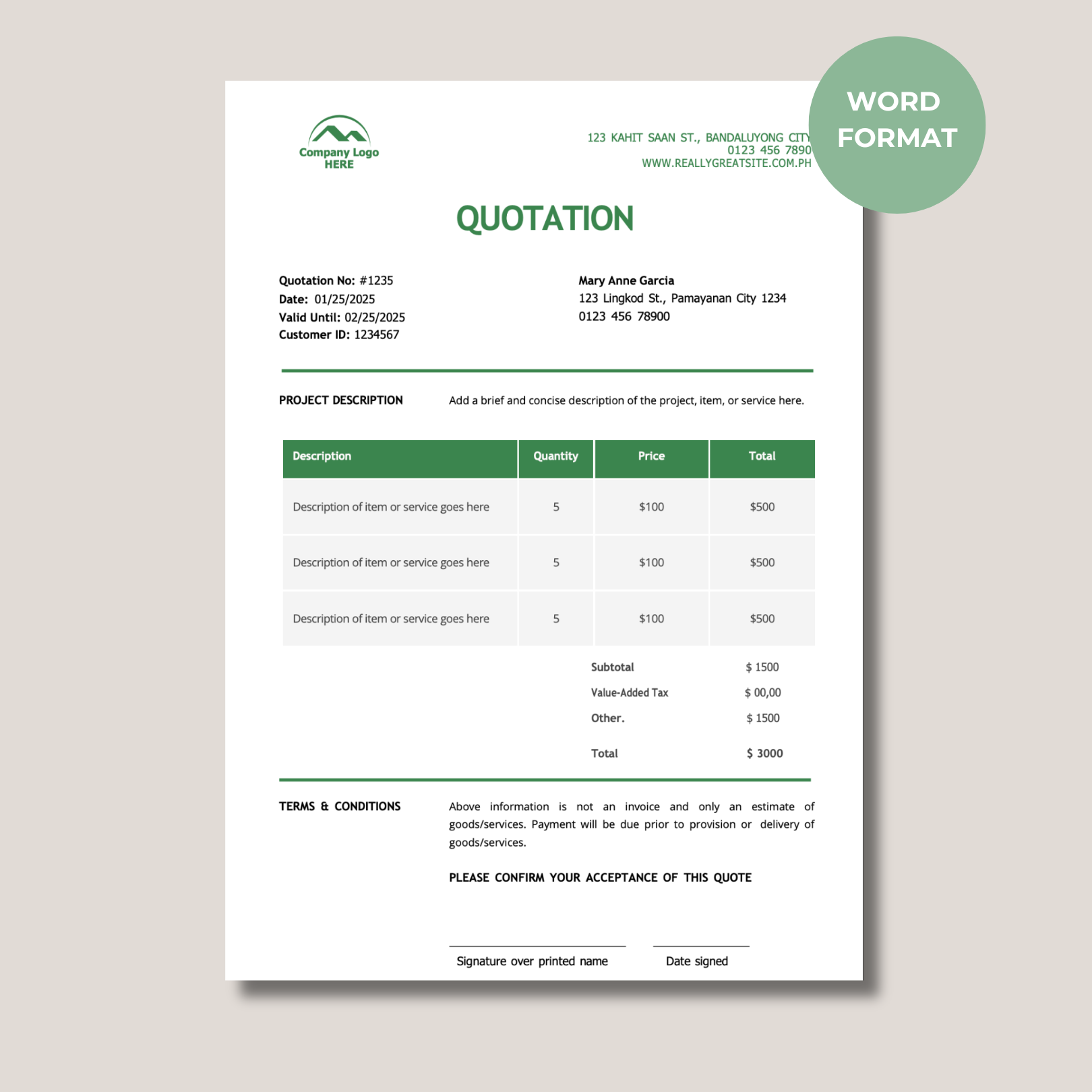 Quote Template Editable | Price Quotation Form