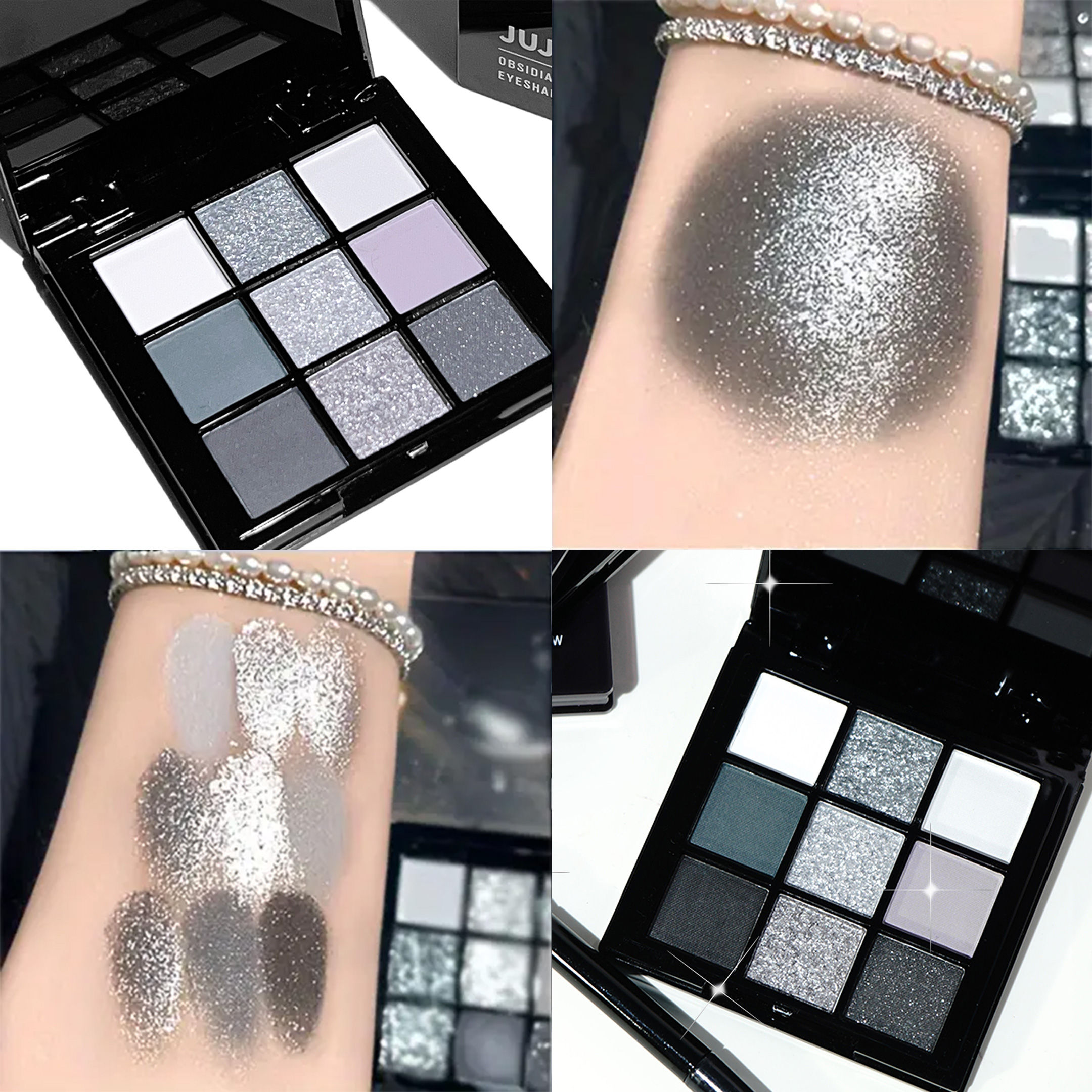 9-shade eyeshadow palette: Black Swan, Smoky, Dark Black, Grey Silver Glitter, M
