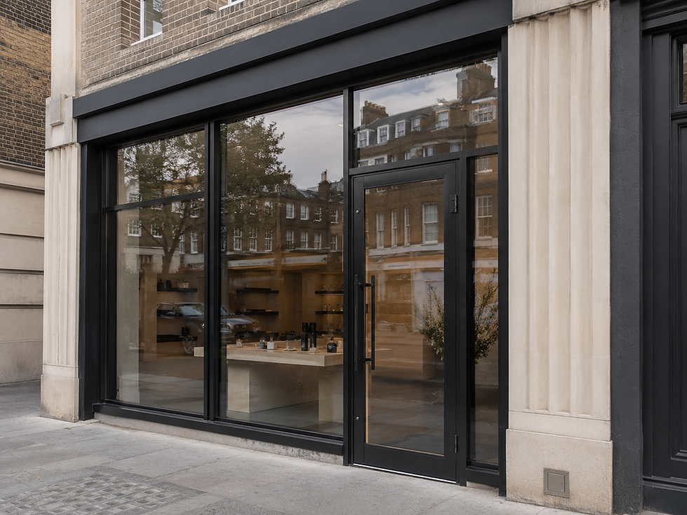 Slimline single steel shopfront door with large glazed display panels and a modern black frame.