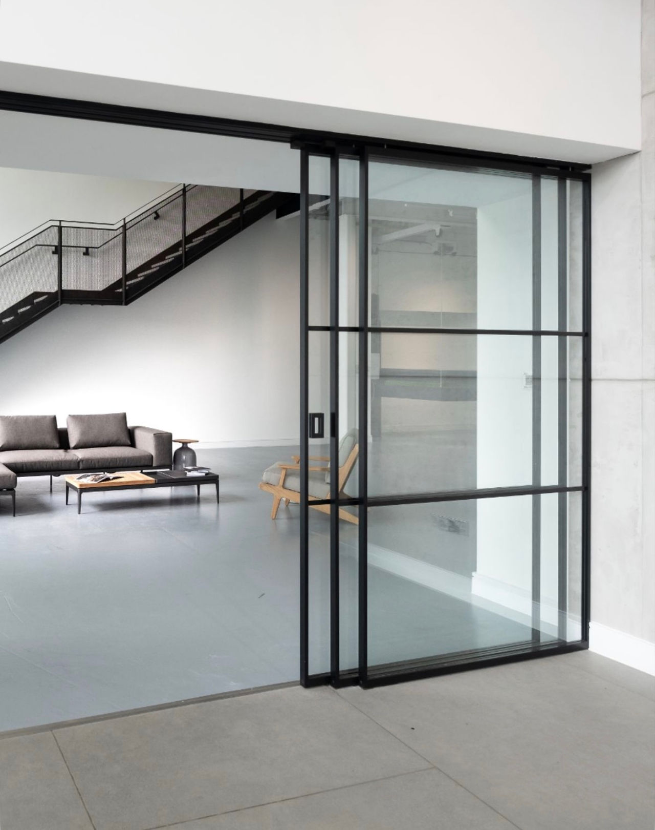 Single Sliding internal steel door with slim black frame