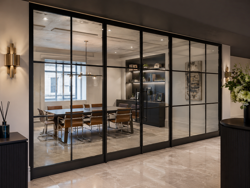 Completed black steel and glass office partition with glazed doors, manufactured and installed by Swift Glazing in London.