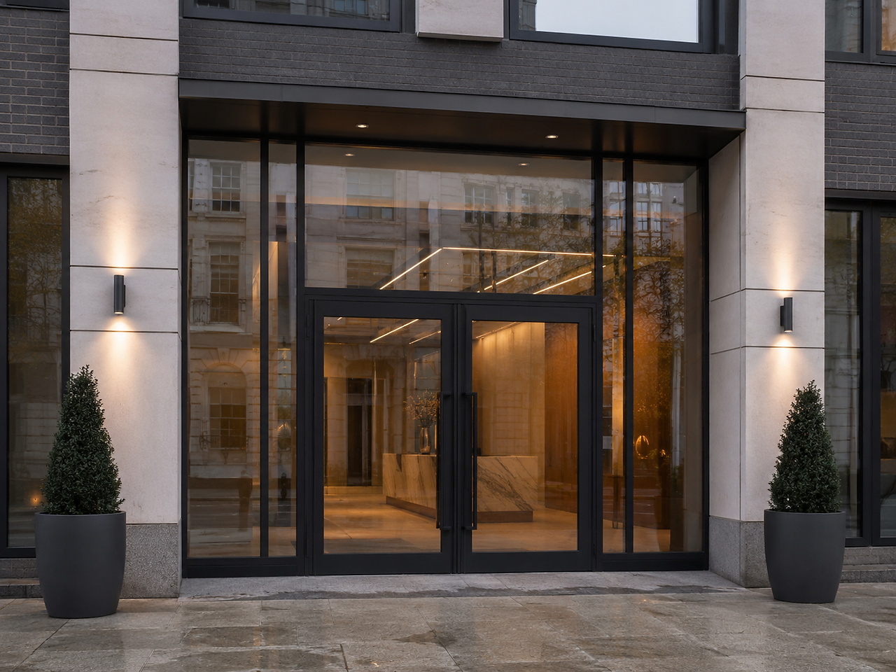 Modern UK commercial office entrance with black steel-framed glazed double doors, sidelights and warm interior lighting.